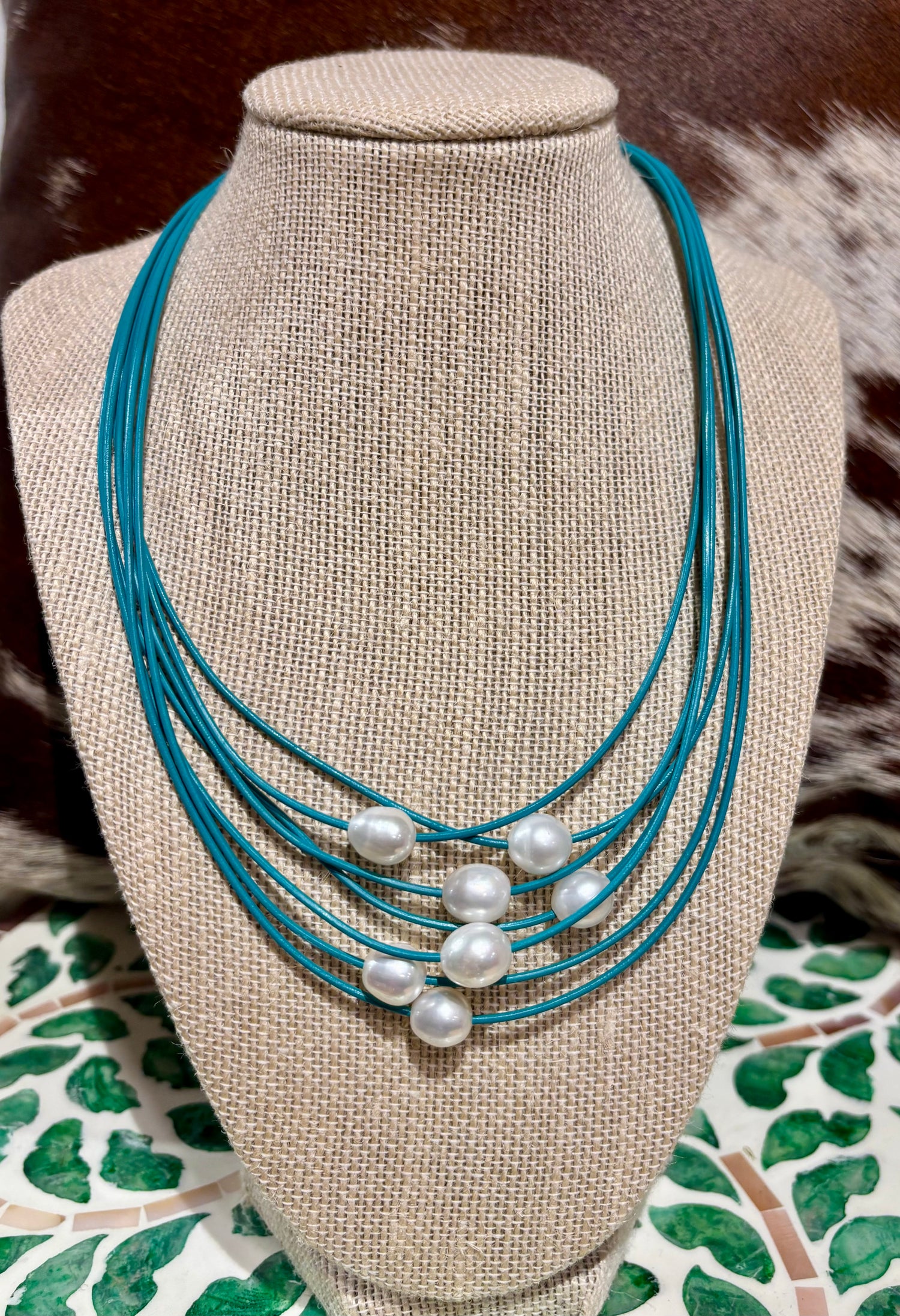 7 Layers turquoise leather with Pearls necklace 