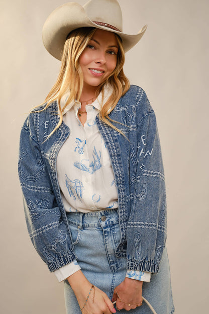 Western Embroidery Puff Sleeve Denim Jacket