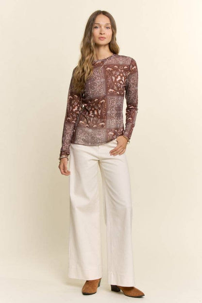Western Bandana Print Mock Neck Mesh Top