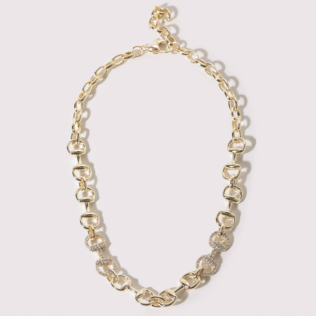 Gold Horsebit CZ Pave Link Necklace