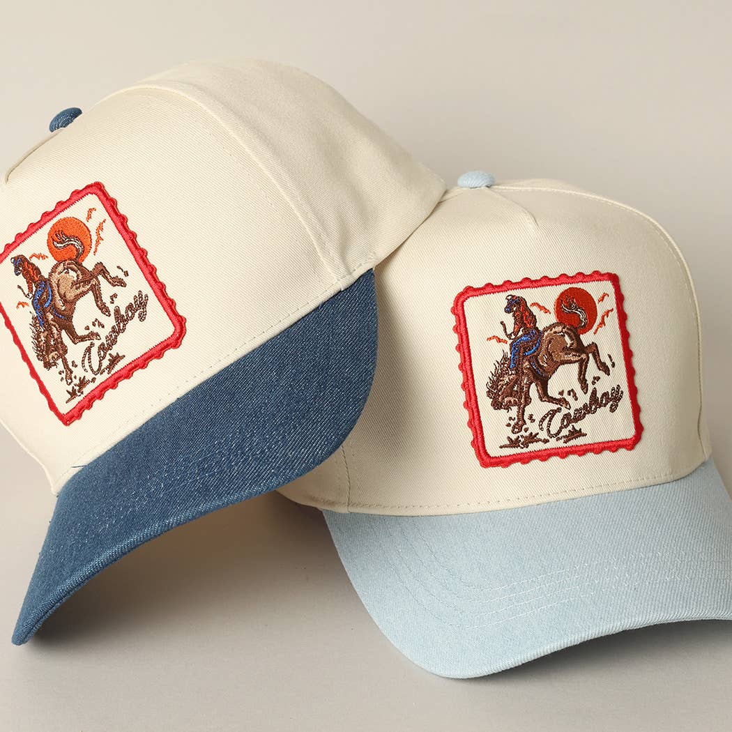 Detailed Cowboy Horse Embroidery Patch Denim Cap