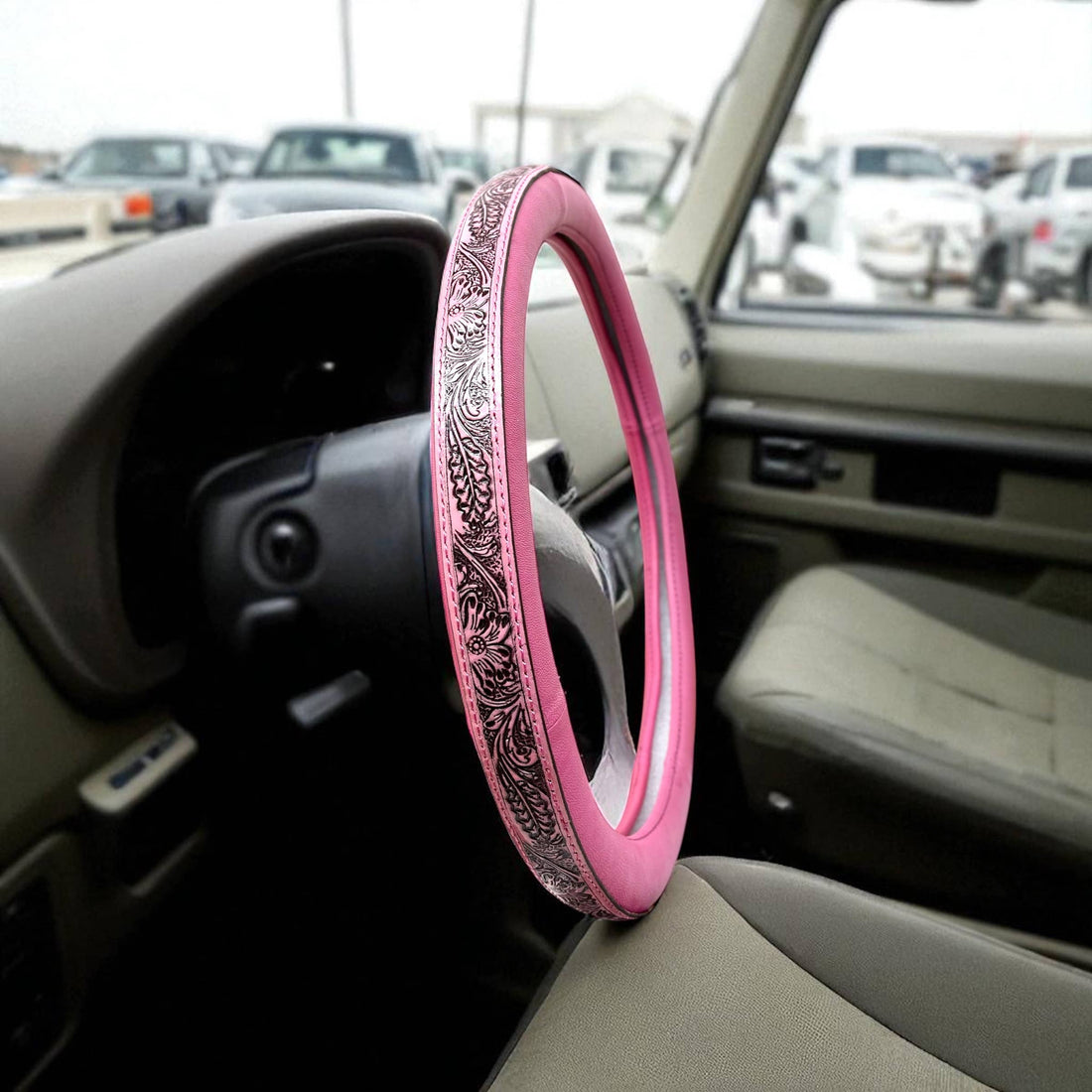 Pink tooled leather steering wheel cover 
