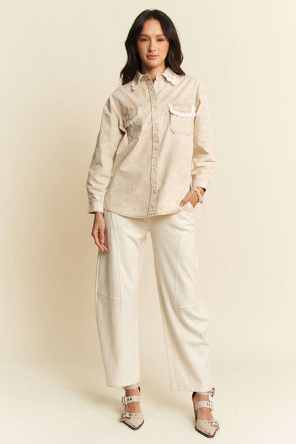 LIGHTWEIGHT WASHED LACE EDGE WAFFLE KNIT SHIRT