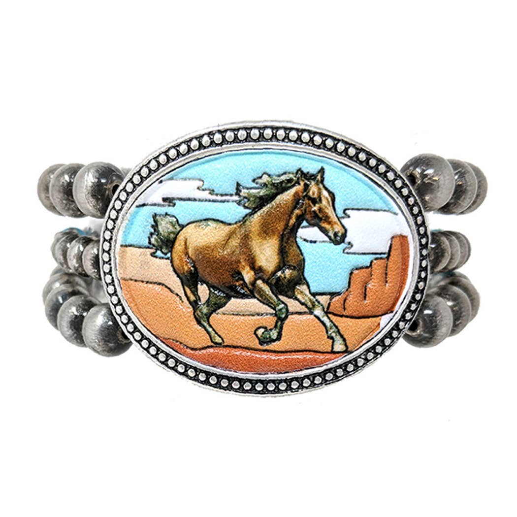 Western Style Horse Print 3 Layer Beaded Bracelet