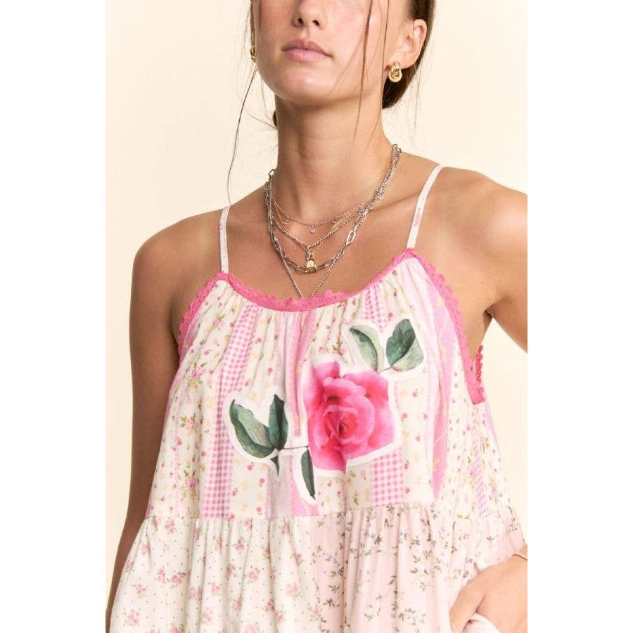 Rose Patchwork Print Ruffle Hem Trapeze Midi Dress