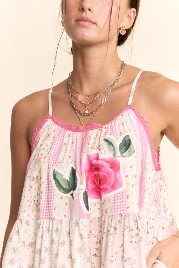 Rose Patchwork Print Ruffle Hem Trapeze Midi Dress