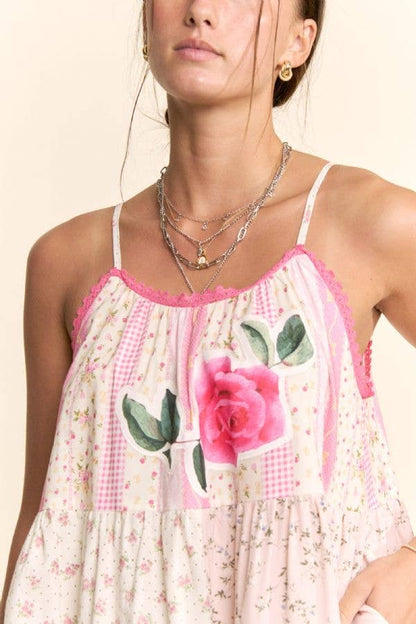 Rose Patchwork Print Ruffle Hem Trapeze Midi Dress