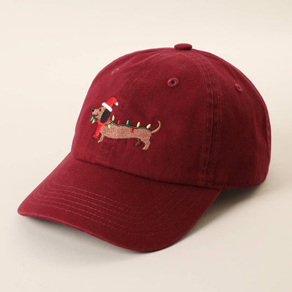 Christmas Dachshund  Embroidered Stone Washed Cotton Dad Cap