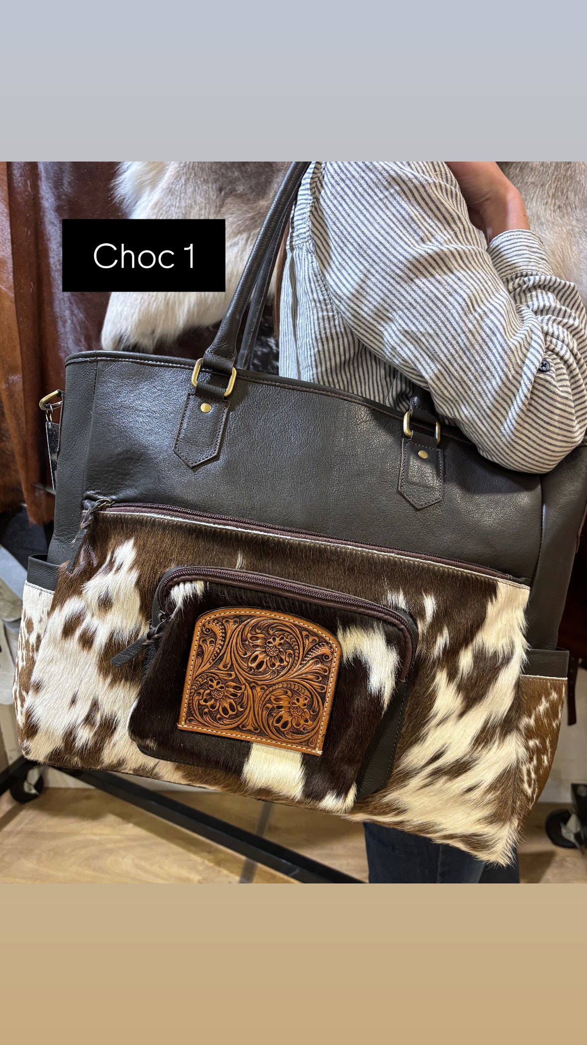 Cowhide and tooling leather nappy / Large Bag 