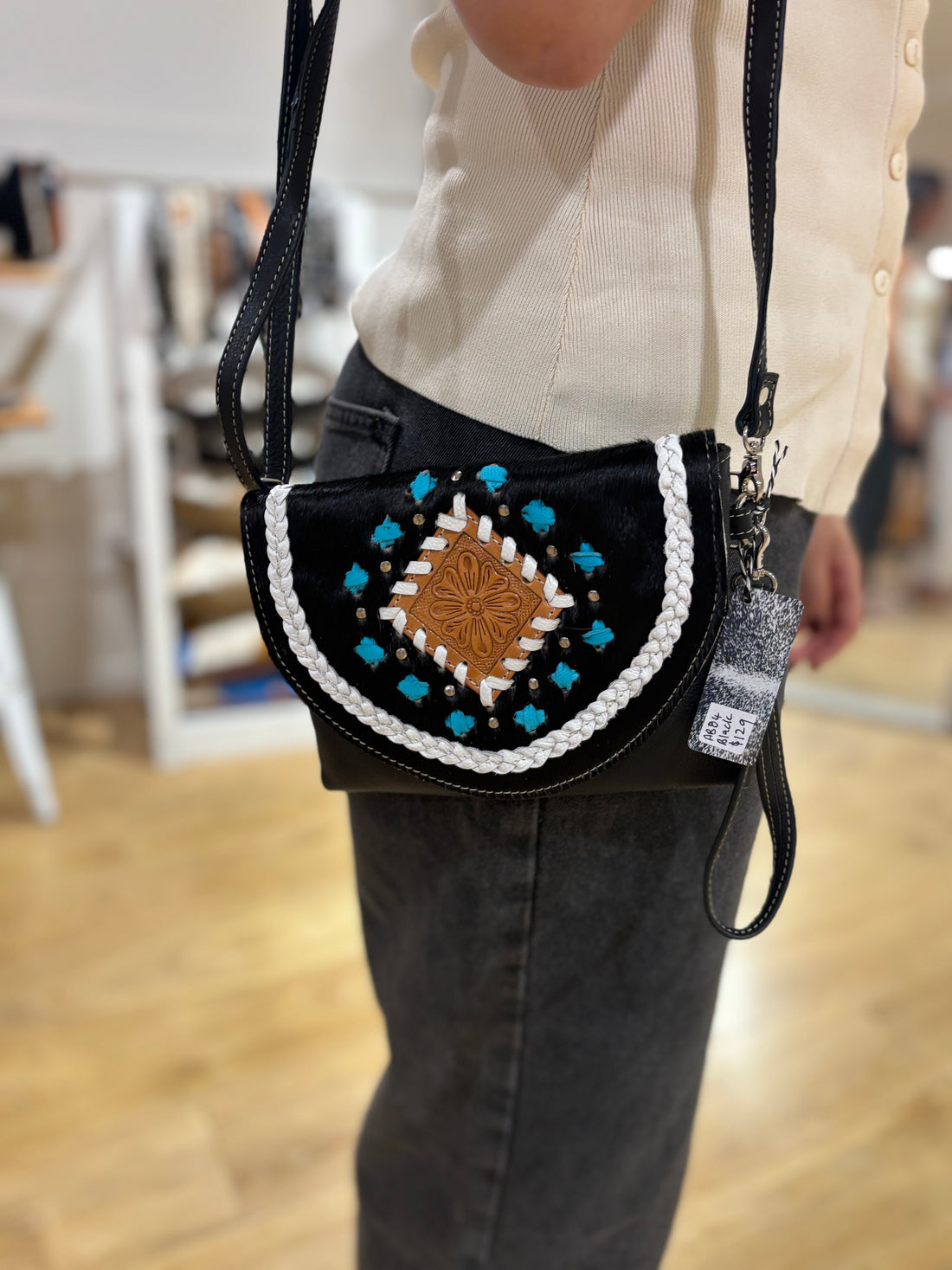 Small Boho Bag with leather stitch