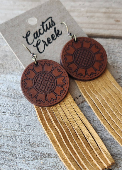 &quot;Kansas&quot;  Handmade Tooled Leather and Fringe Earrings