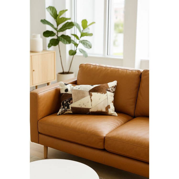 Boho Rustic Cowhide Lumbar Cushion – Handmade Patchwork