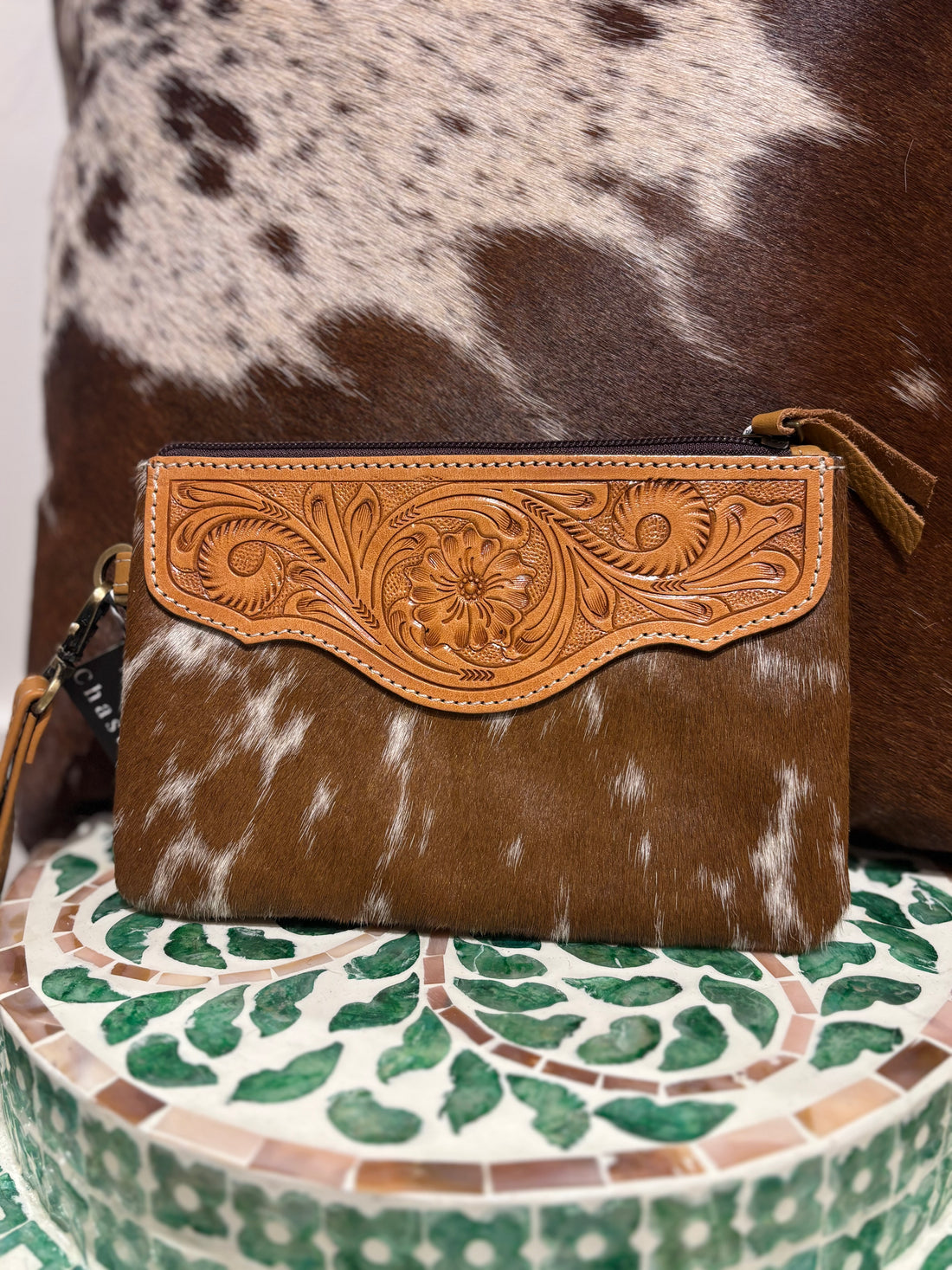 Mia Hide &amp; tooled leather clutch 