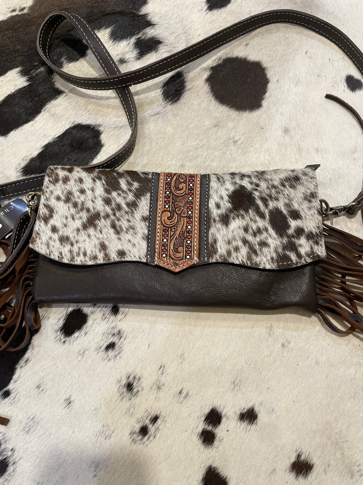 Hand Painted Tooling Leather Flap Cowhide Bag With Fringes – AB74