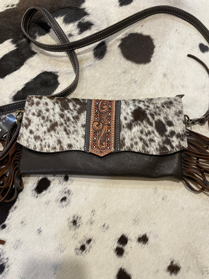 Hand Painted Tooling Leather Flap Cowhide Bag With Fringes – AB74