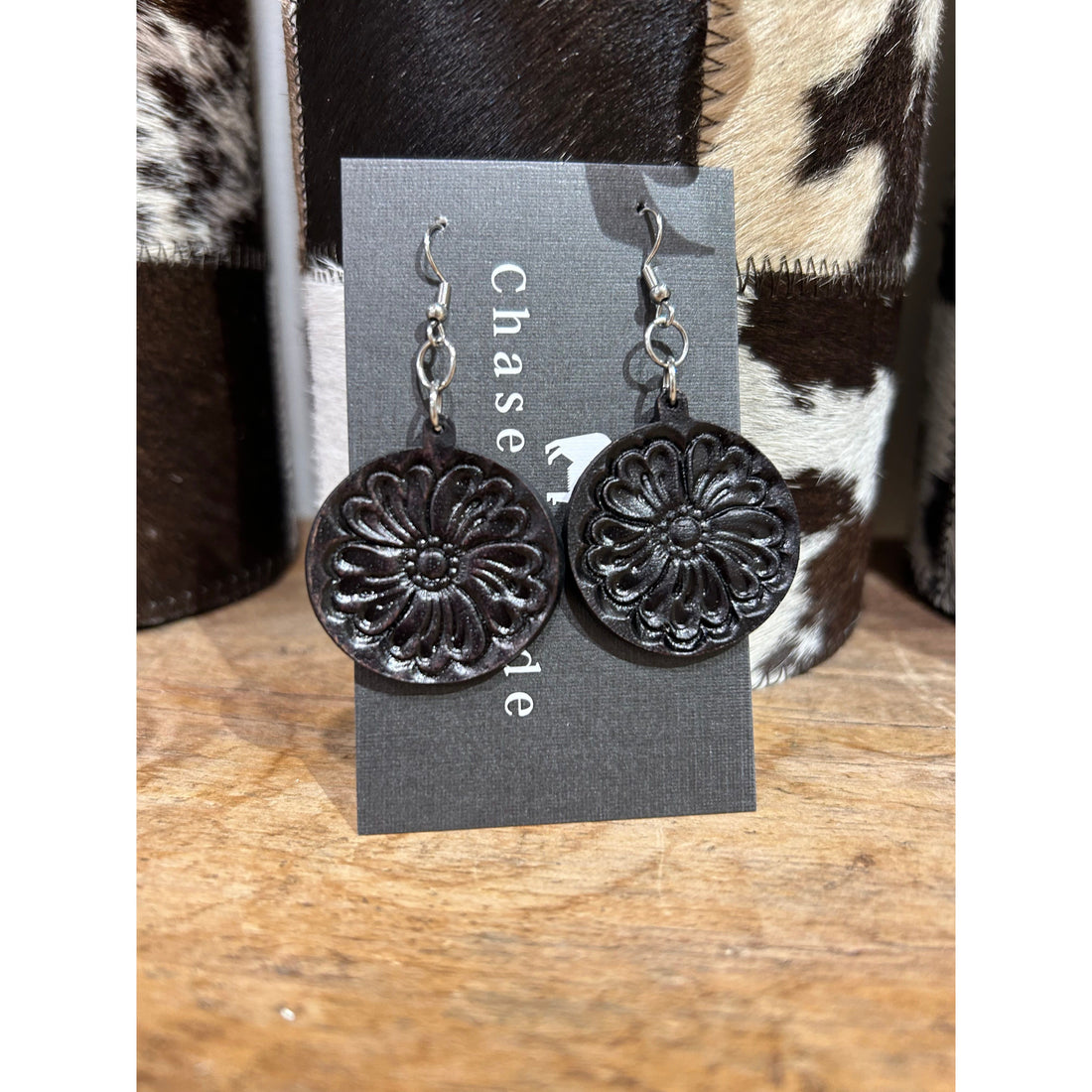 Tooled Leather Circle Drop Earrings 