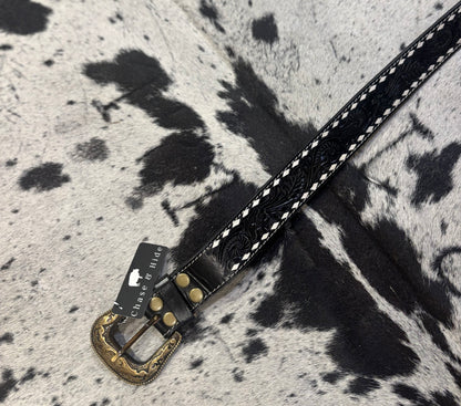 Black stitched tooling leather belt 