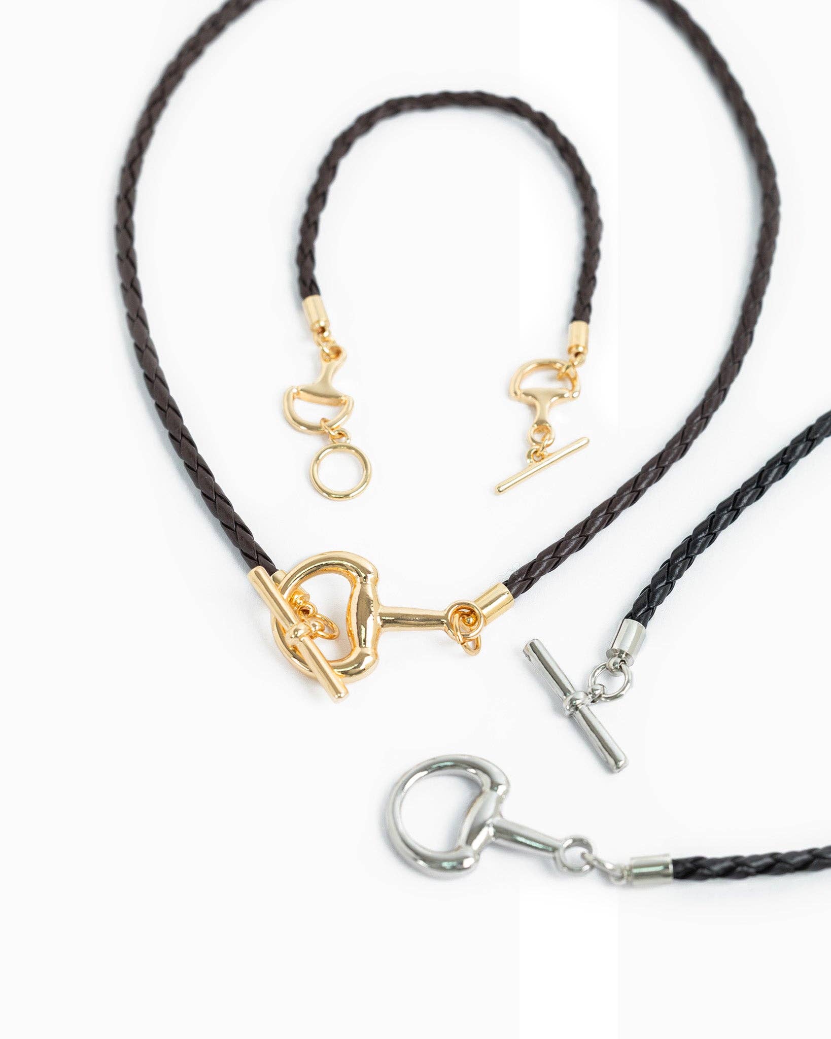 Double Horsebit Toggle Braided Leather Cord Bracelet