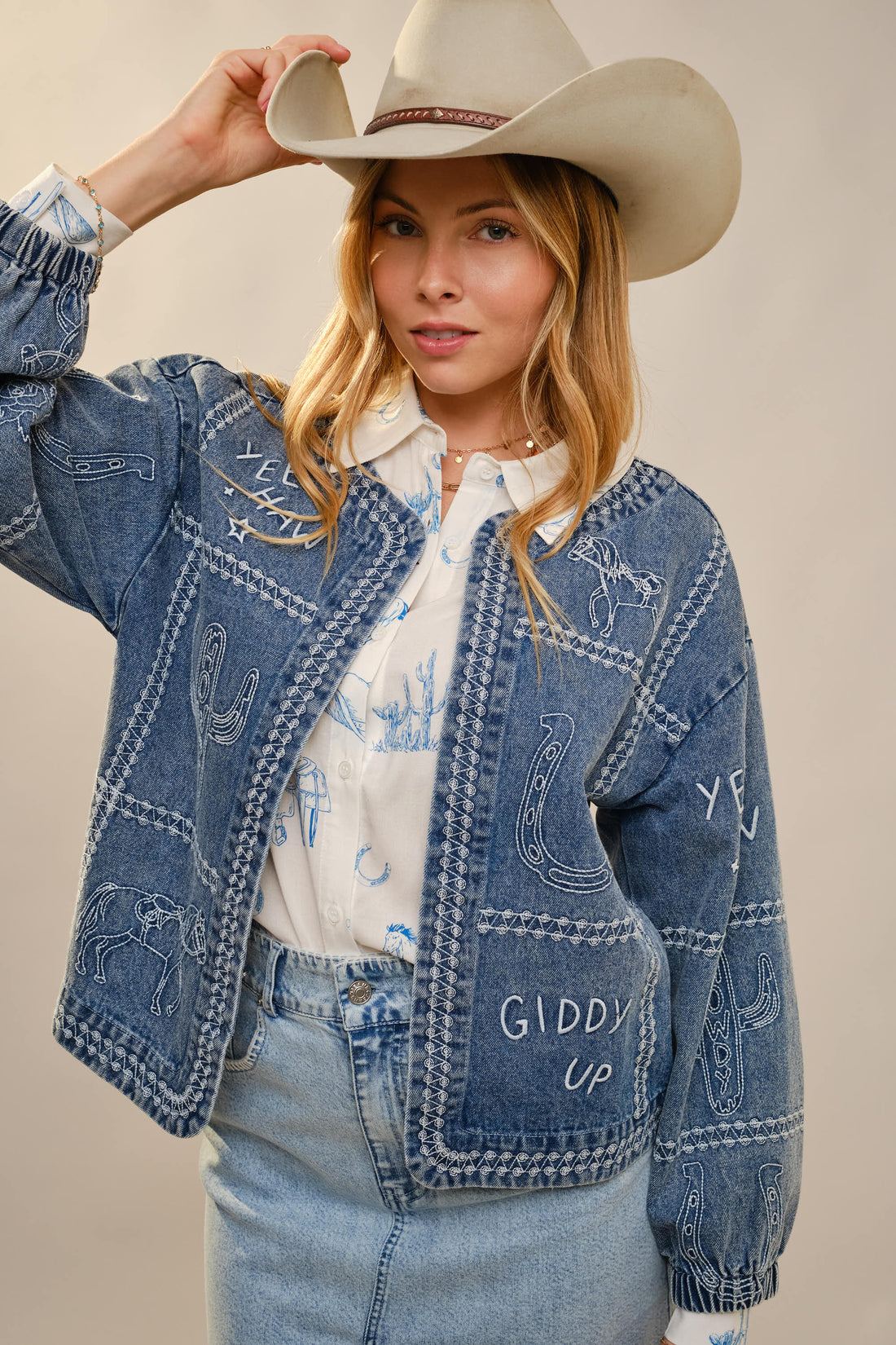 PRE ORDER Western Embroidery Puff Sleeve Denim Jacket