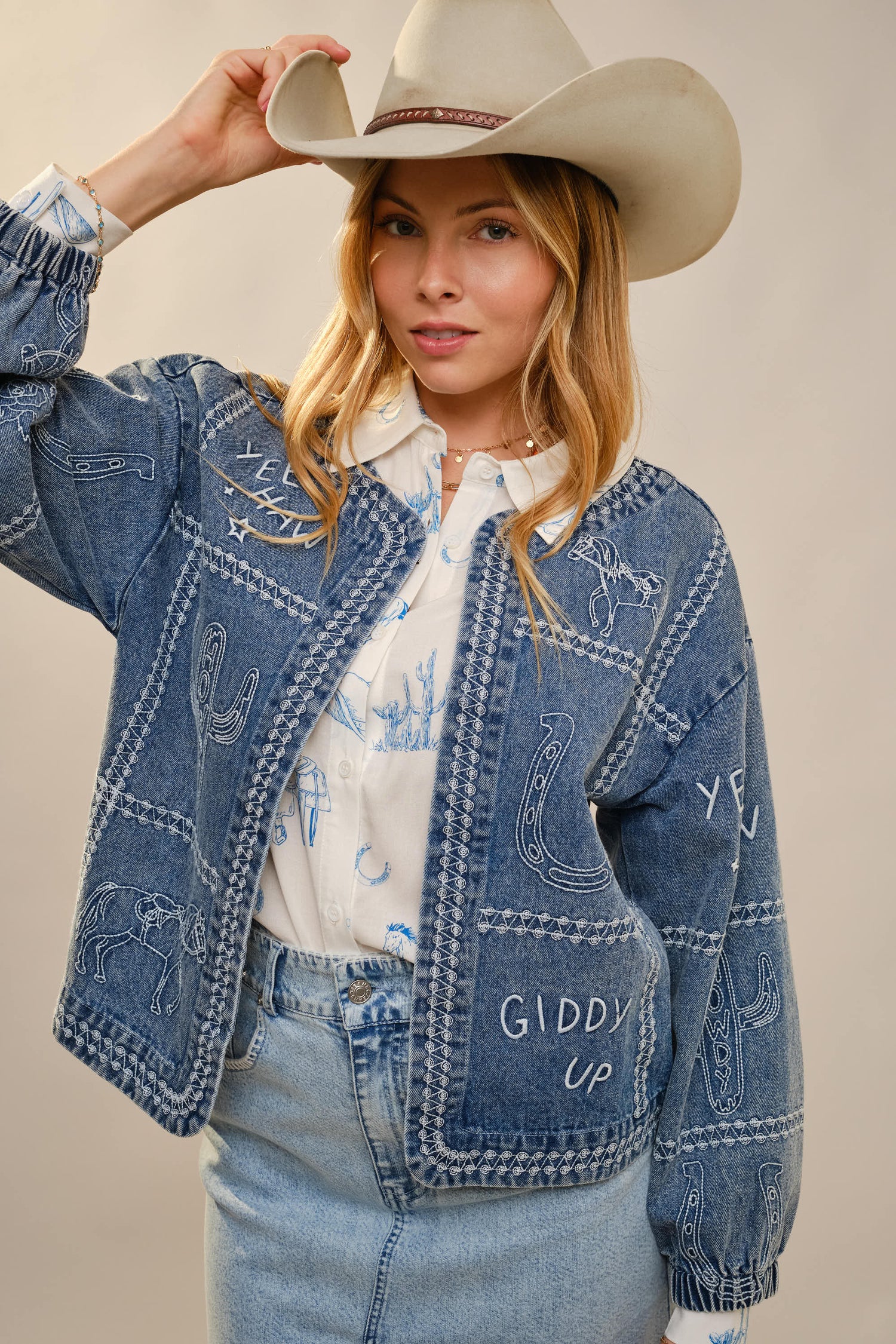 Western Embroidery Puff Sleeve Denim Jacket