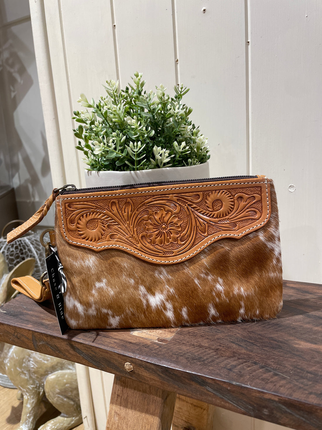Mia Hide &amp; Tooled Leather Clutch 