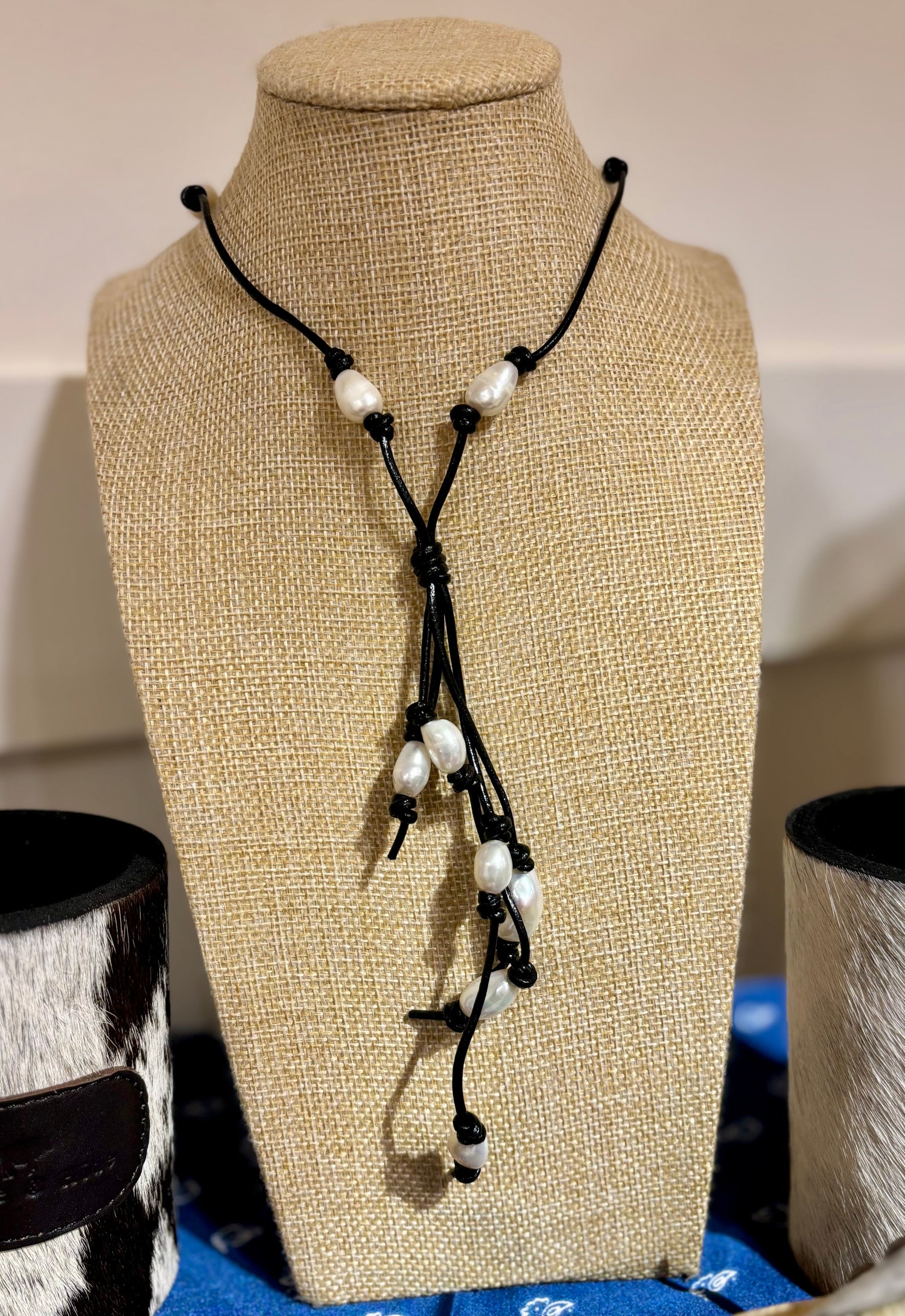 Pearls on Black Leather necklace 