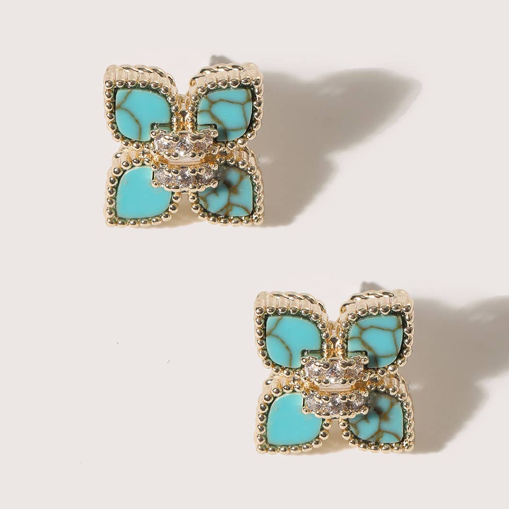 Gold Turquoise Clover CZ Pave Earrings