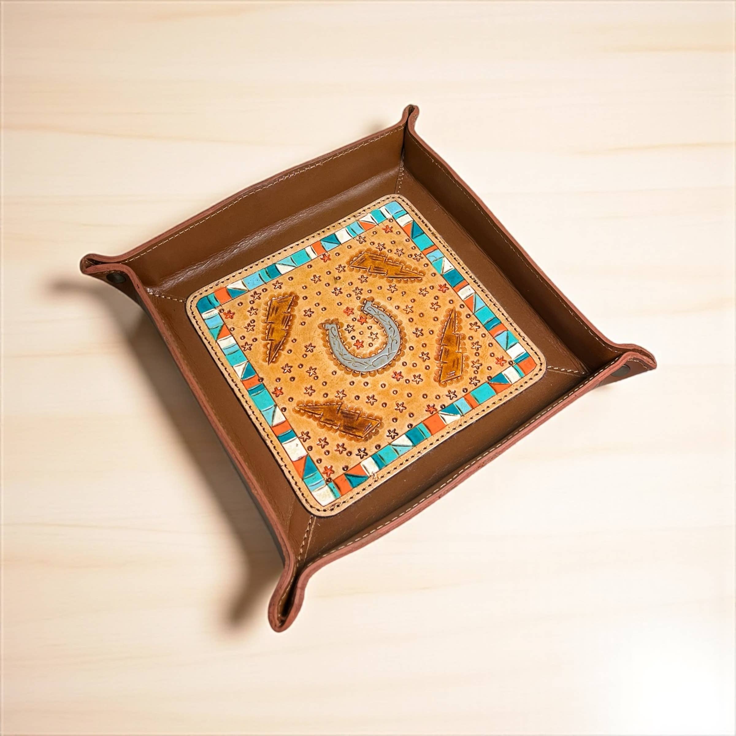 Horseshoe tooled leather tray 