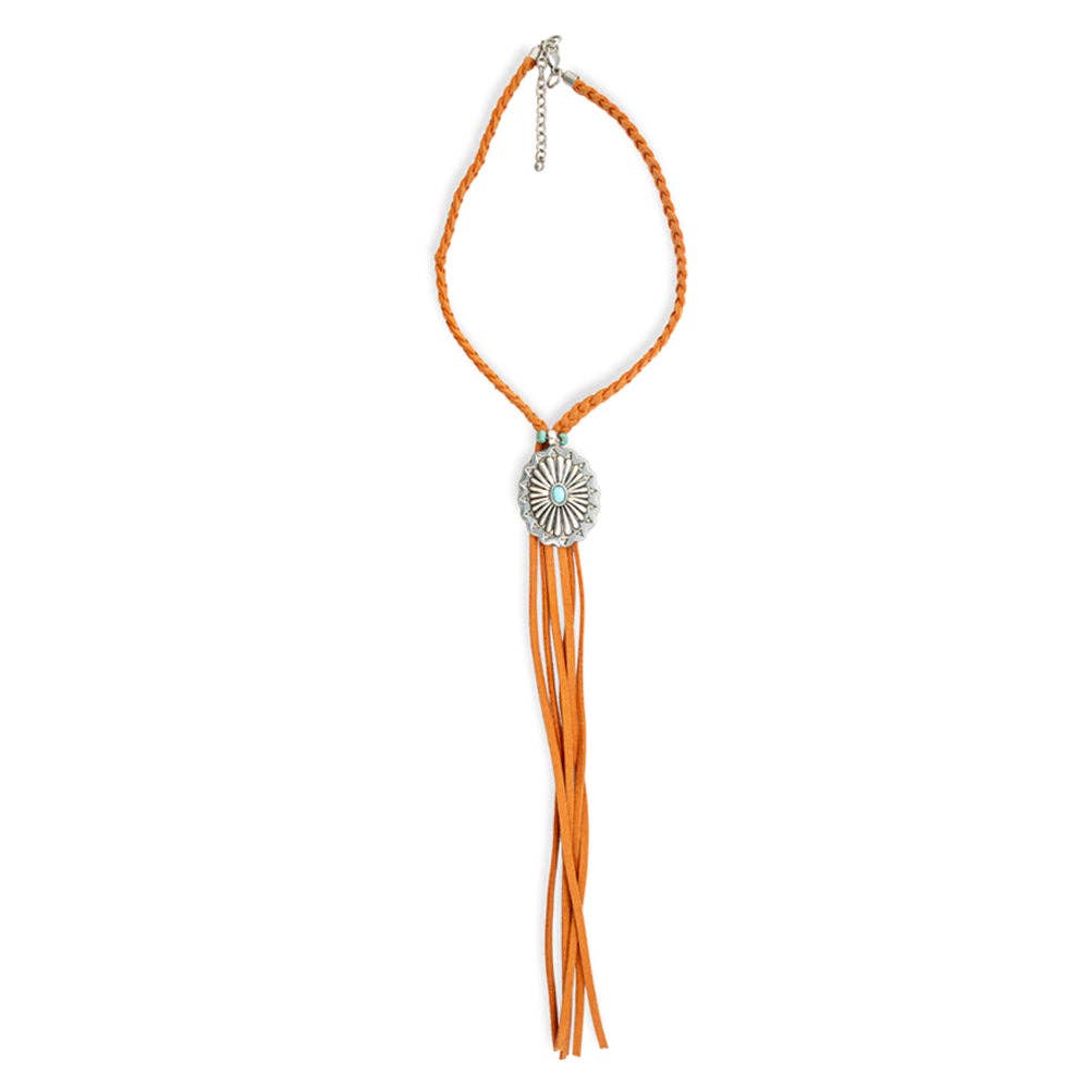 Skyfire Braided Leather Fringe &amp; Concho Necklace