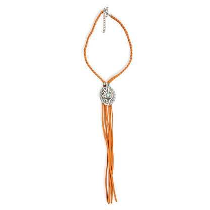 Skyfire Braided Leather Fringe &amp; Concho Necklace