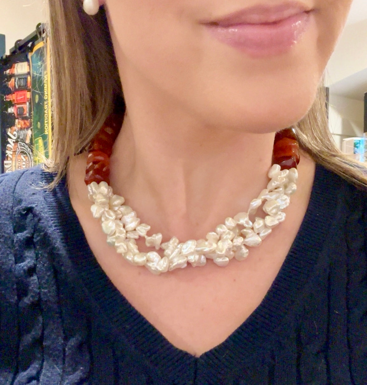 Tangerine Faceted Agate and Freshwater Keshi Pearl Necklace 