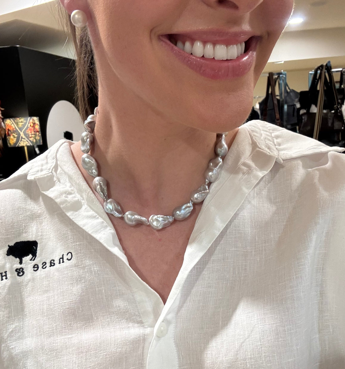 High Lustre 17” Baroque Flame grey pearl  necklace 