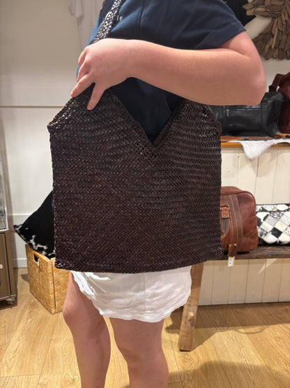 Chocolate Leather weave tote bag 