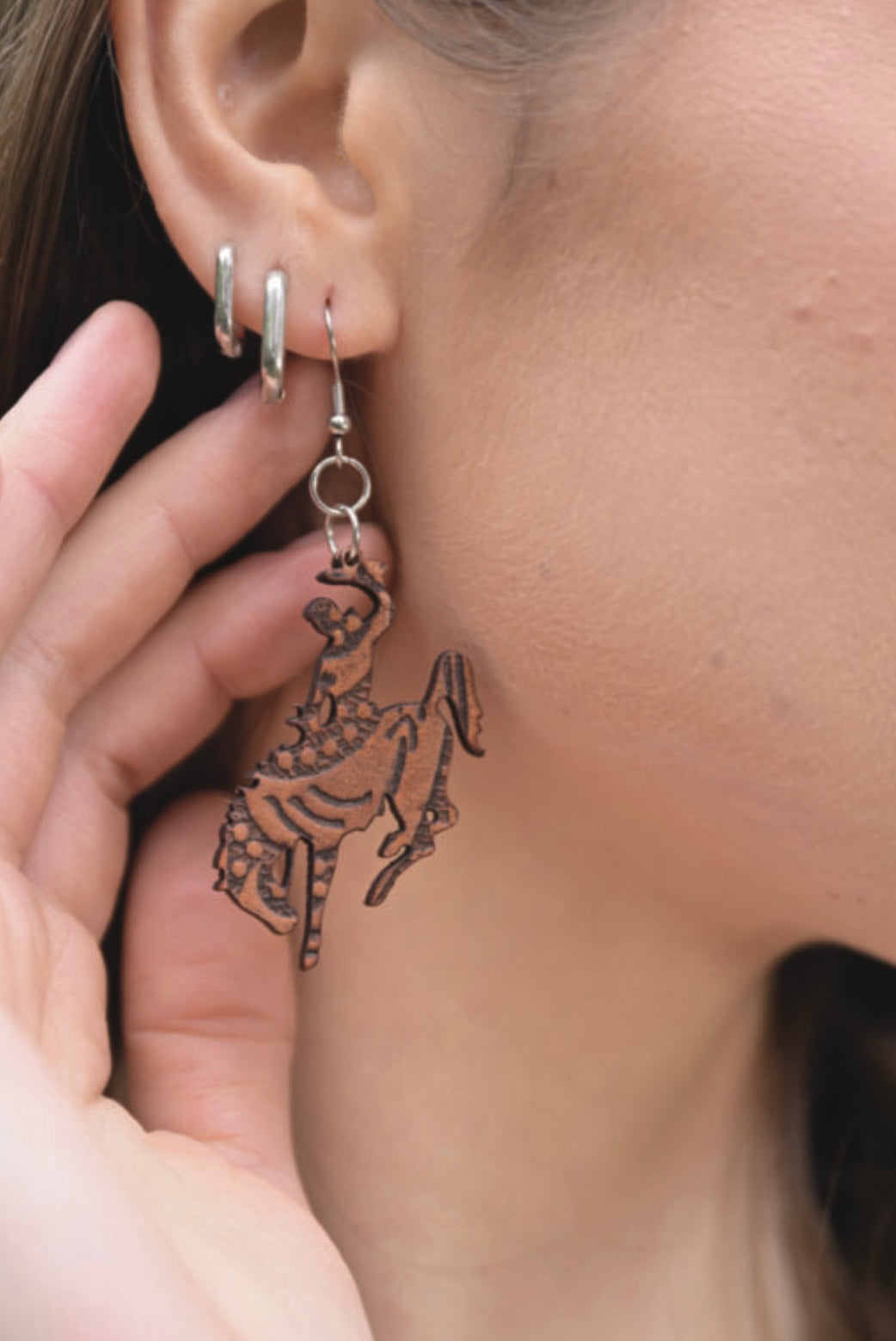 Tooled Bronc Rider earrings- leather Jewellery surgical steel