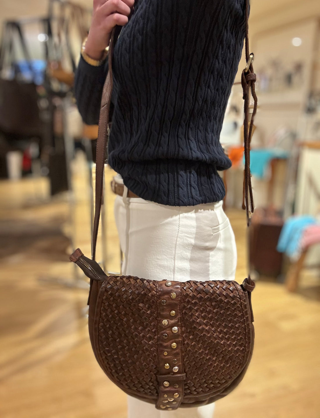 Leather weave gold stud handbag 