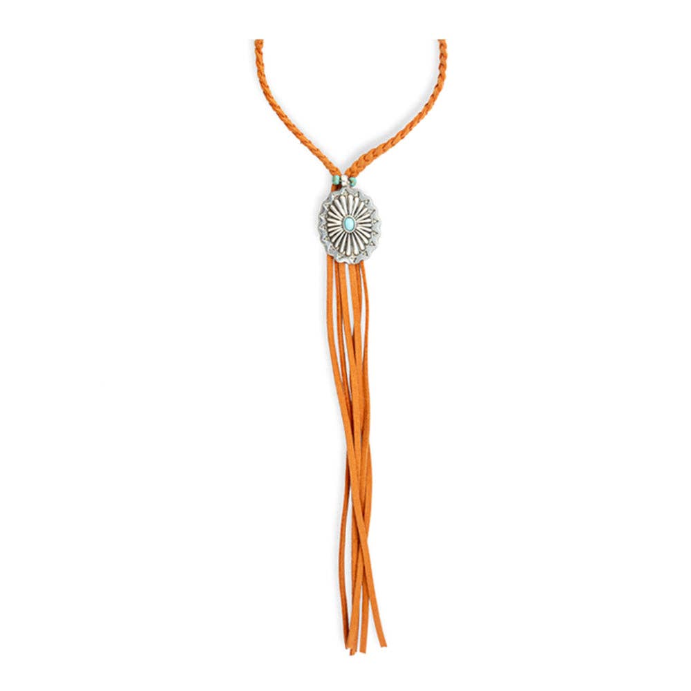 Skyfire Braided Leather Fringe &amp; Concho Necklace