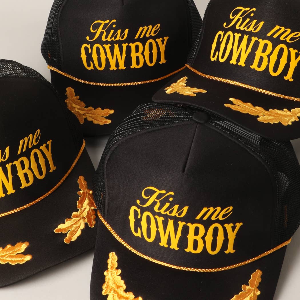 Kiss Me Cowboy Text Foam Mesh Back Trucker Hat Cap