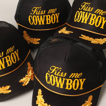Kiss Me Cowboy Text Foam Mesh Back Trucker Hat Cap