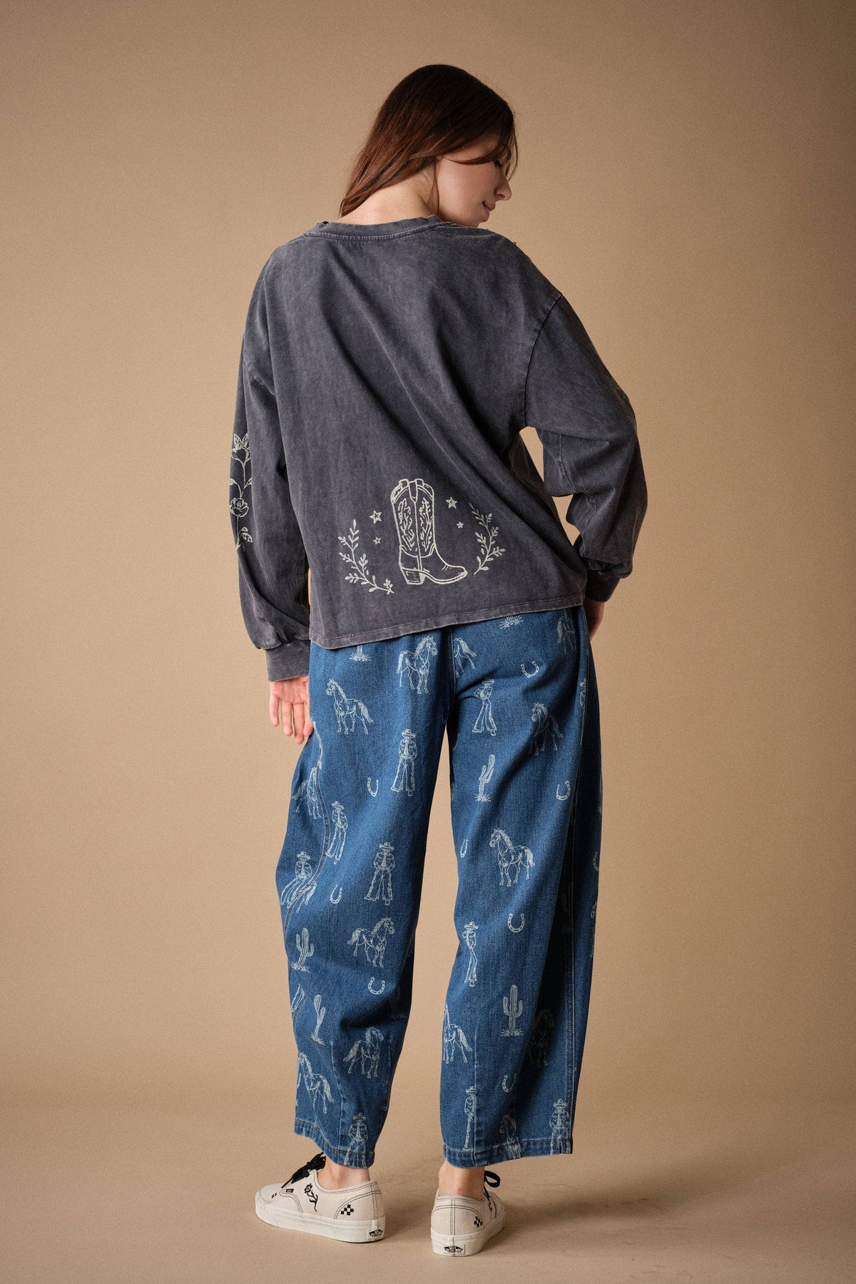 Western Print Barrel Denim Pants