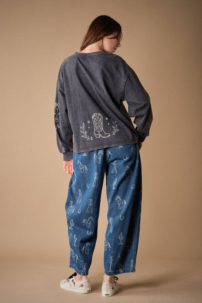 Western Print Barrel Denim Pants