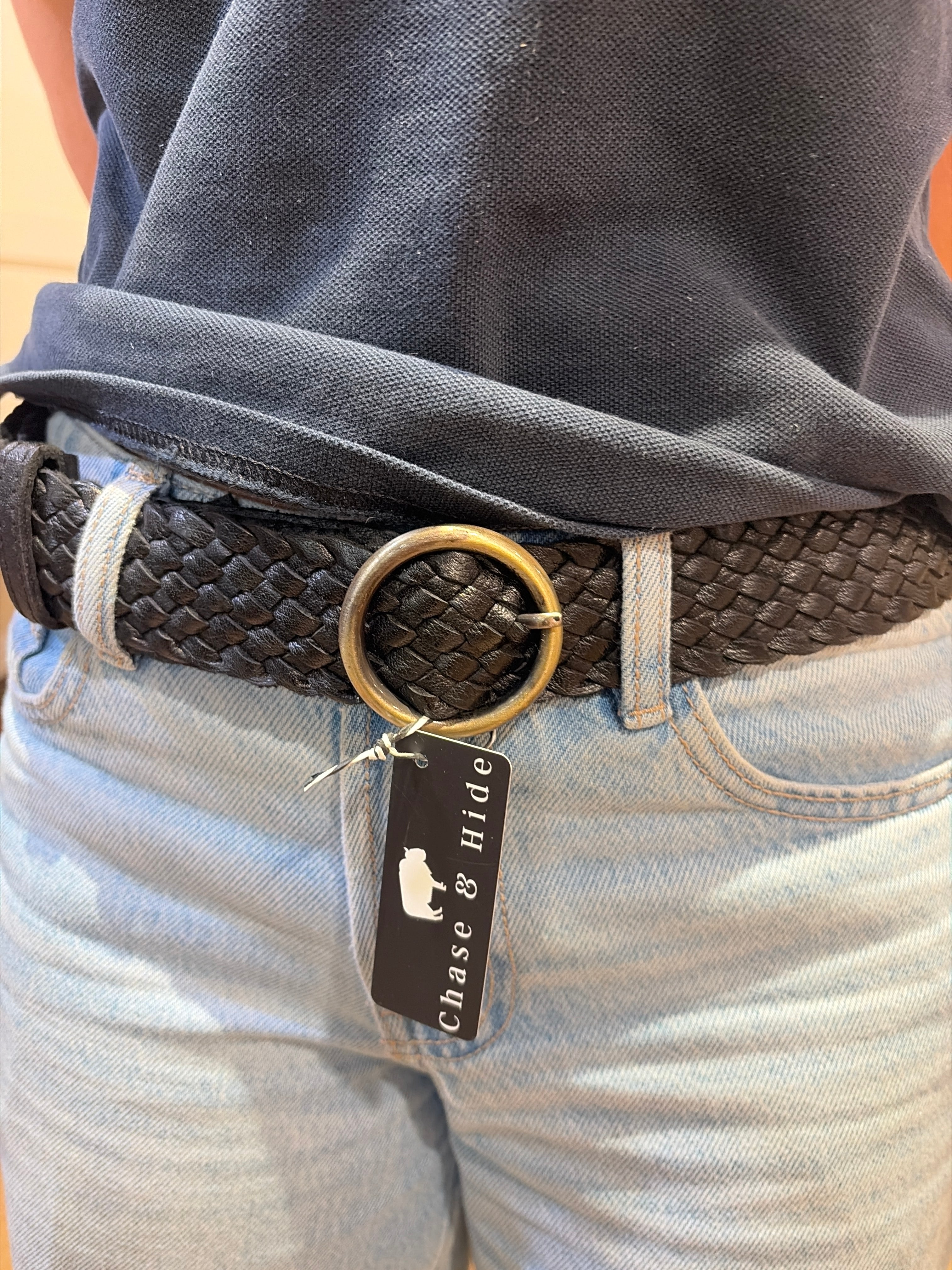 Woven washed leather belt 
