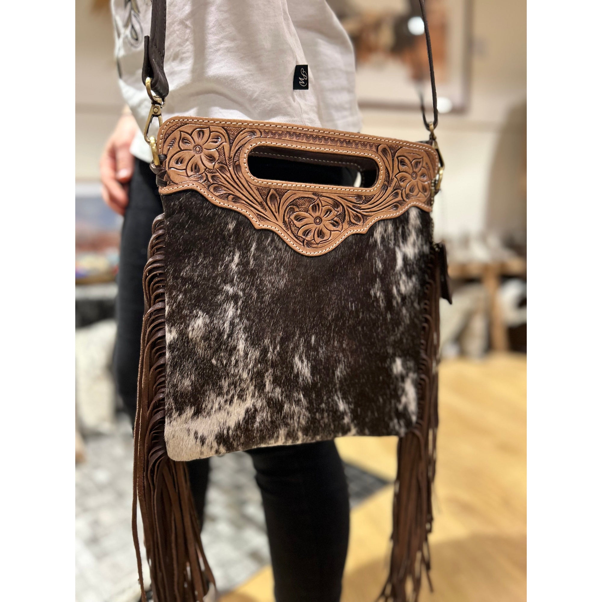 Large Boho Hide & Leather Turquoise Fringe Purse with Tooled Strap