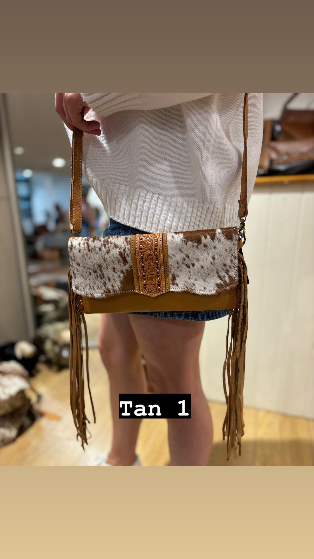 Hand Painted Tooling Leather Flap Cowhide Bag With Fringes – AB74