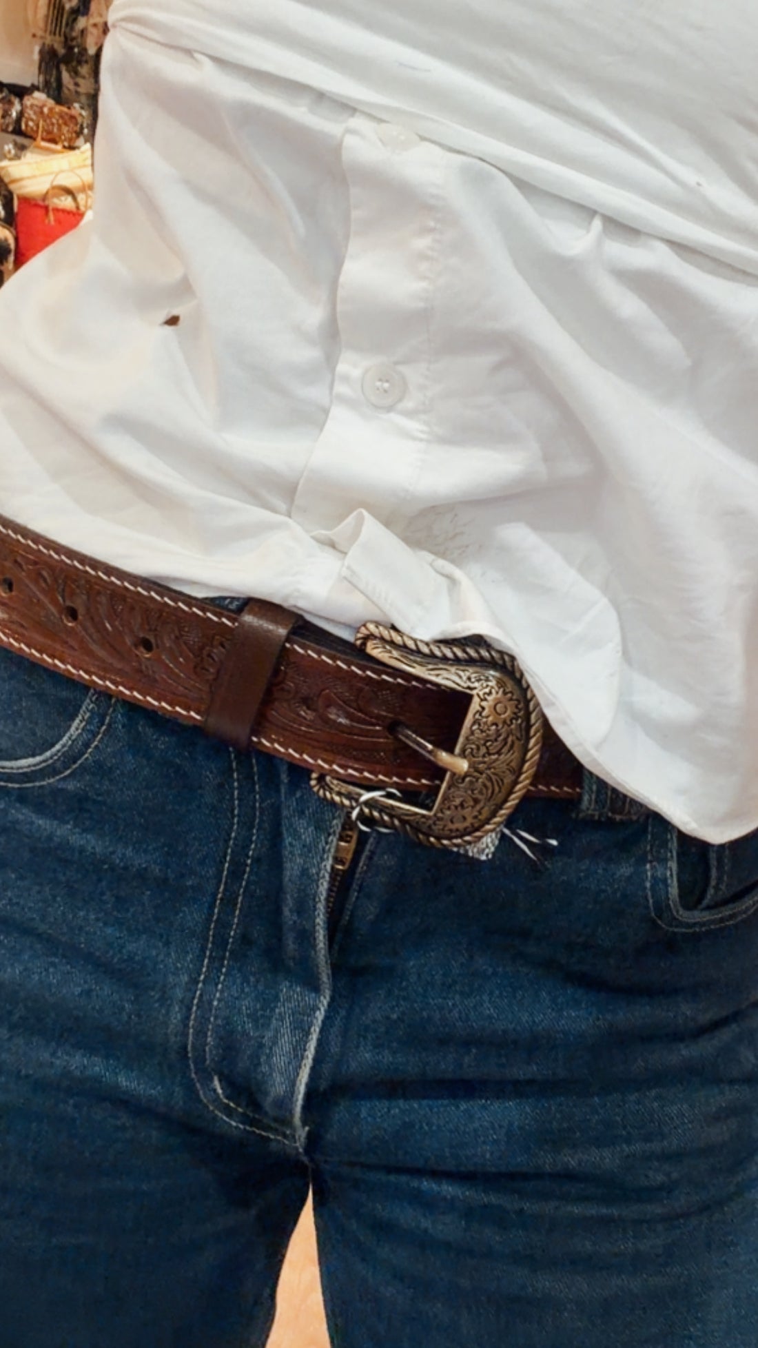 Choc Tooled leather belt with removable buckle