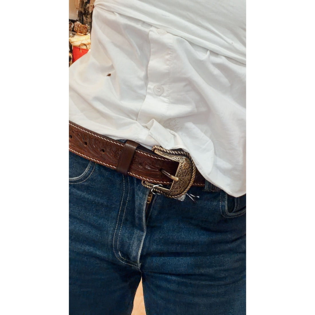 Choc Tooled leather belt with removable buckle