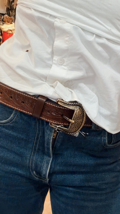 Choc Tooled leather belt with removable buckle 