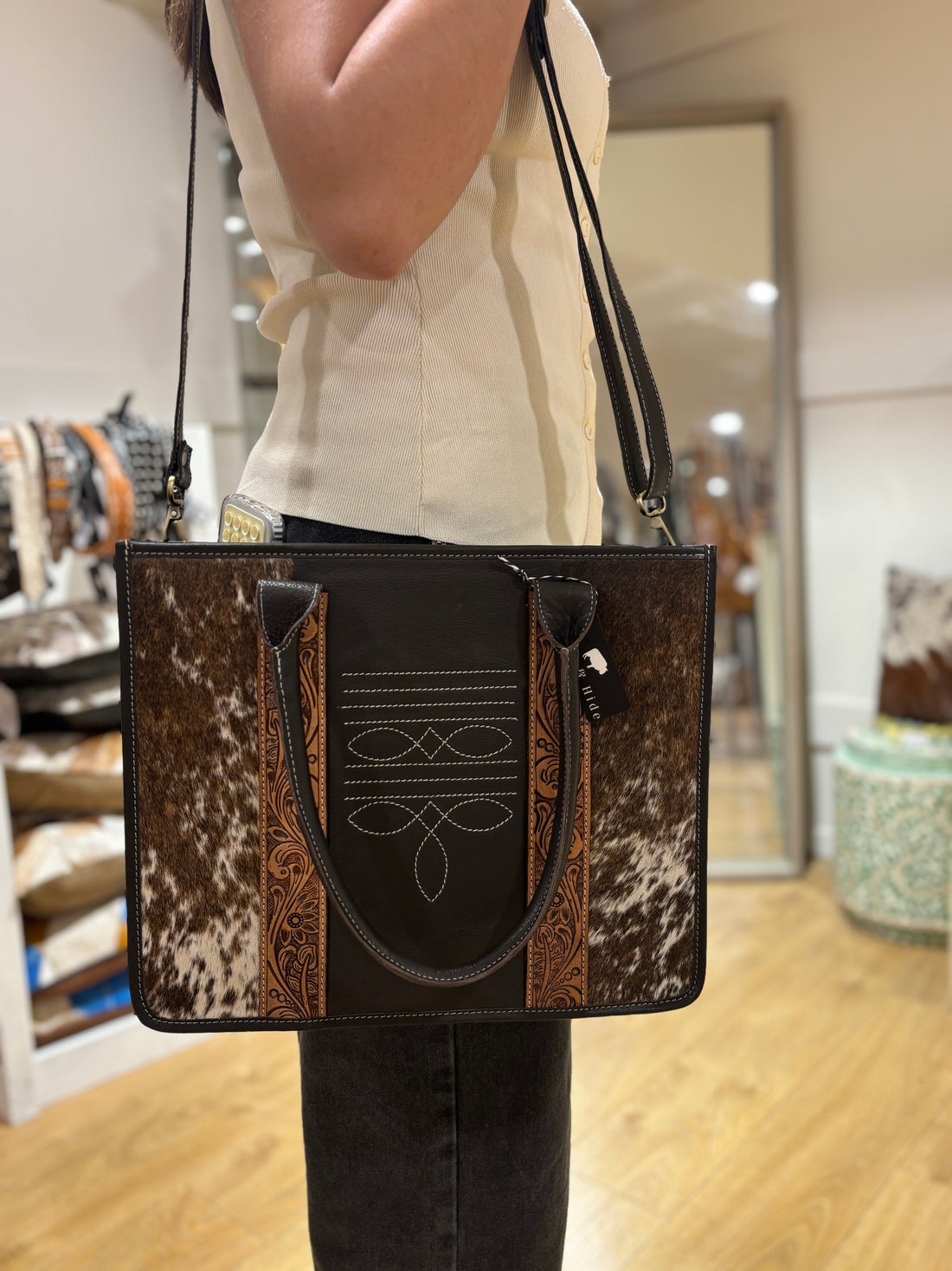 Tooling leather cowhide boot stitch bag 