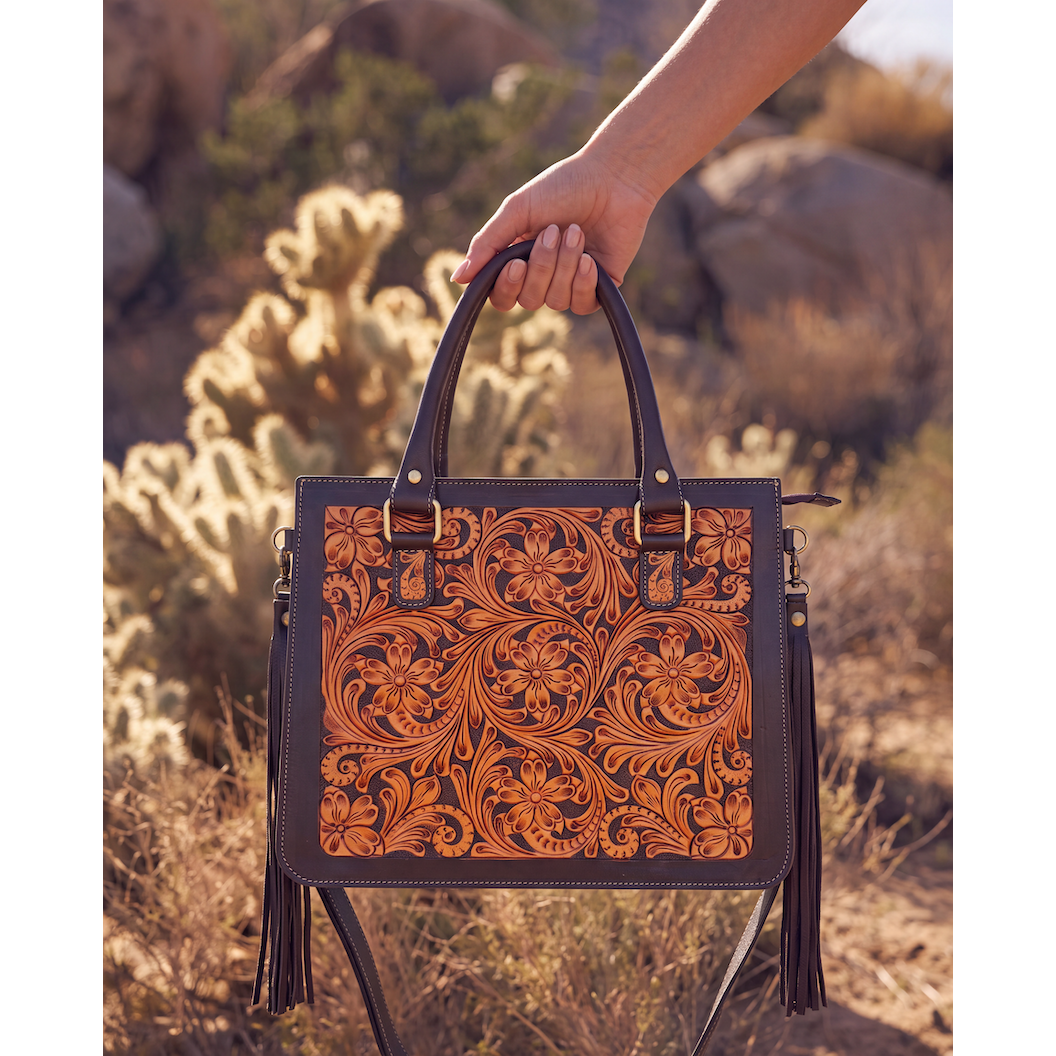 Two Tone Hand Tooled Leather Tote Bag – AB96 – Carmen