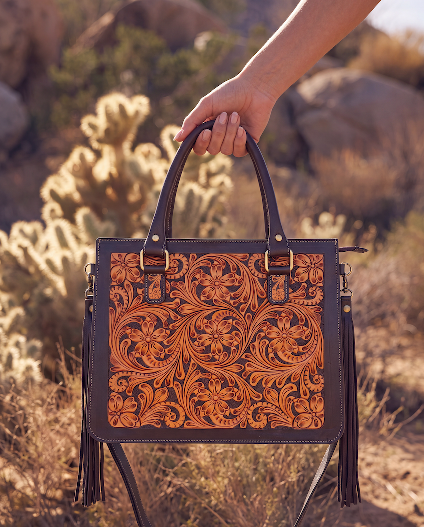 Two Tone Hand Tooled Leather Tote Bag – AB96 – Carmen