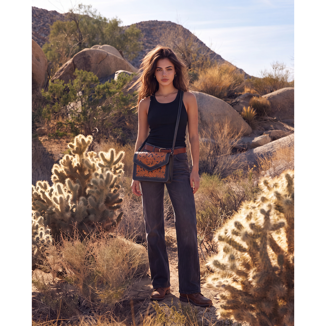 Two Tone Hand Tooled Leather Flap Bag – AB97 – Condor